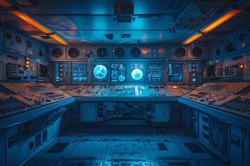 Obraz premium Futuristic Control Room: Cyberpunk-Style Monitoring Station with Illuminated Displays