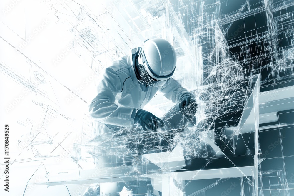 Poster engineer utilizing technology for design in a futuristic setting