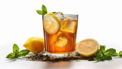 Fototapeta premium Refreshing Iced Tea: Lemon Slices, Mint, and Ice in a Glass