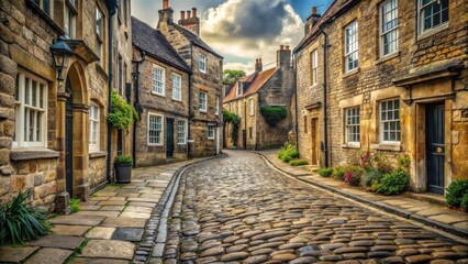 Fototapeta premium Old cobblestone street with worn pavement and ancient stone buildings in a quiet English town , cobblestone streets, quaint streets