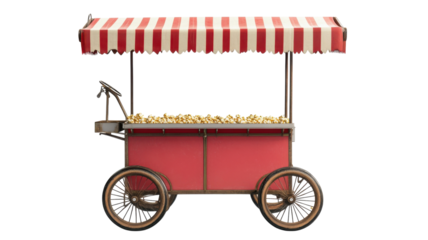Charming Vintage Popcorn Cart Ideal for Nostalgic Events and Food Festivals with Red and White Accents.