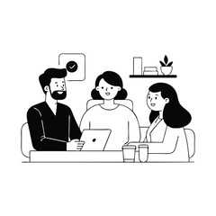  man and woman sitting together in a dental office, discussing dental care with a professional in the Hand drawn Doodle line art flat vector illustration on white background