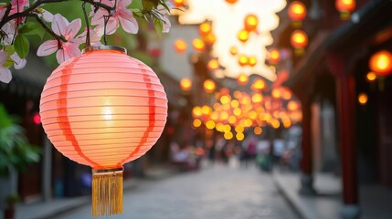 Chinese new year lanterns heritage concept. Lantern festival in a historic Chinese village, glowing...