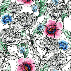 Hand drawn illustration outline black and colorful foliage leaves seamless pattern for your design textile, decorative paper, scrapbook