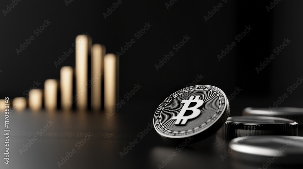 Poster bitcoin cryptocurrency coin on a dark background with a rising bar graph, symbolizing digital financ