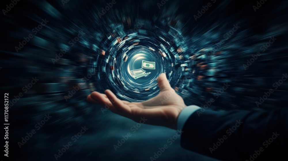 Poster dynamic visualization of digital currency flowing through a vortex, representing financial transacti