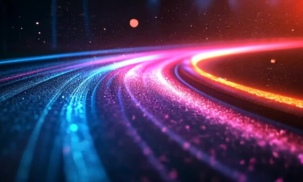 Digital abstract forms a path about movement and light in blue, pink, orange, yellow