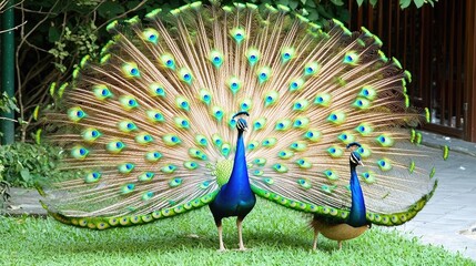 Obraz premium Two peacocks displaying vibrant plumage in a lush garden setting.