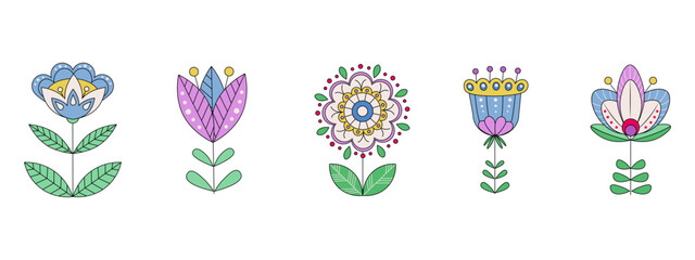 A selection of flowering fantasy plants in the Scandinavian style. Isolated Objects