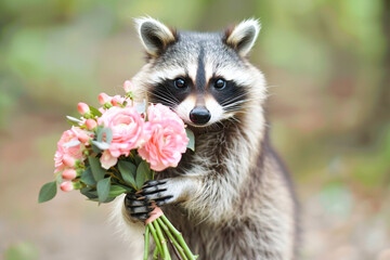 Charming raccoon presenting a vibrant bouquet of flowers, adding joy and beauty to the forest setting.