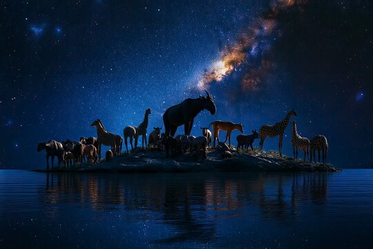 Group of herbivore animals on the island with milky way background at night time. World wildlife day concept 