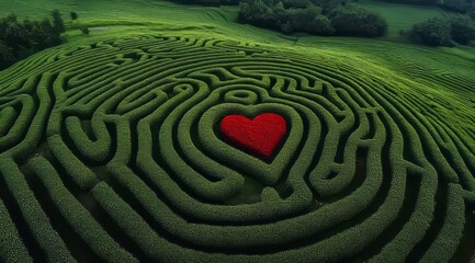 Naklejka premium Aerial view of the heart-shaped floral masterpiece located in the circular maze. A romantic landscape design with vivid red flowers in the middle of a mysterious space. 5
