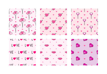 Set of Valentines day, seamless patterns. Lovely heart. Love concept.    Element — hearts, balloons, arrow, gift, lips. Wrapping paper. Decorative elements for children's rooms, Illustrations for chil