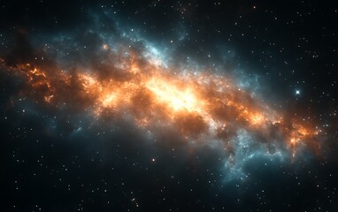 Fiery nebula with blue and orange gas clouds in space.