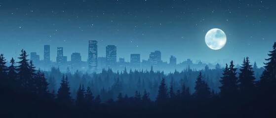 Enchanting Nightscape: Moonlit Forest and Distant City Skyline