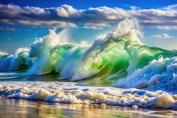 Fototapeta premium Dramatic coastal scene: powerful waves crash, creating white sea foam, a breathtaking spectacle.