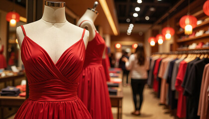 Obraz premium Elegant red gown displayed in fashion boutique during Chinese New Year, celebration