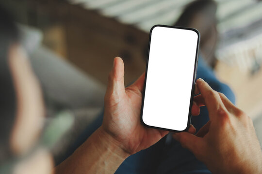 Mobile phone blank white screen mockup.texting using cell phone.background empty space for advertise.work people contact marketing business,technology