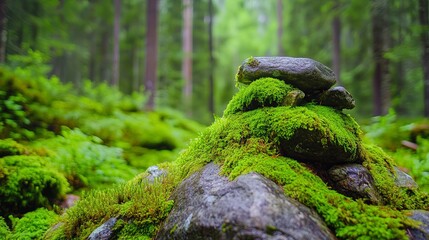 Fototapeta premium Moss-Covered Stone in Tranquil Forest Setting