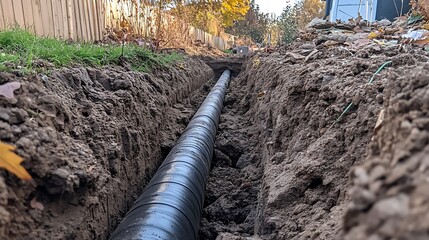 Large black pipe in a trench during groundworks.