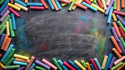 Fototapeta premium A detailed blackboard with vibrant colored chalks scattered all over its surface, creating a visually appealing and creative composition , blackboard, school supplies