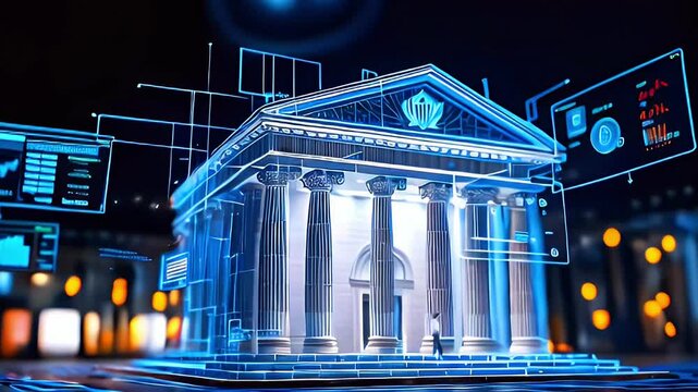 Person walks by lit-up, columned structure with digital displays in city background. - Powered by Adobe