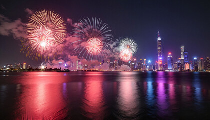 Vibrant fireworks illuminating city skyline during Chinese New Year, celebration