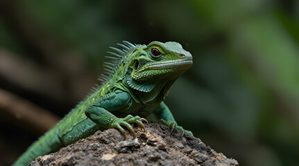 Fototapeta premium Green Plumed Basilisk Lizard (Basiliscus plumifrons), Boca Tapada,generative.ai 