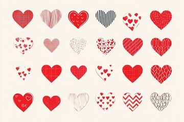 Collection of textured heart shapes on a light beige background.