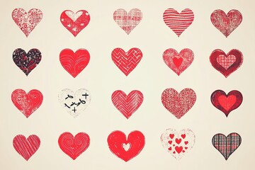 Collection of textured heart shapes on a light beige background.