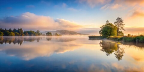 Fototapeta premium Serene mist rises from tranquil waters of ancient Irish lake at dawn, mist, nature, mist, nature, serenity