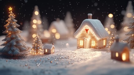 Fototapeta premium Festive snowy village scene with cozy houses and Christmas trees lit by warm lights.