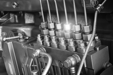 Fototapeta premium Selective on the fuel injection in the the diesel engine. supply system for diesel fuel, clean motor block, diesel engine detail