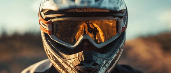 Close-up of motocross rider's helmet and goggles.