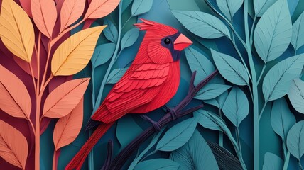 Fototapeta premium Vibrant Red Cardinal Bird in Paper Art Leaves Nature Inspired Design Folded Paper Craft