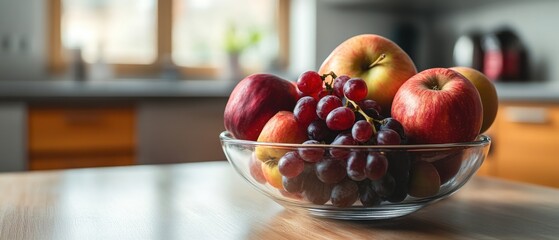 Fresh fruit bowl with apples and grapes on a kitchen table.