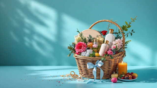 Gift basket filled with beauty products and flowers against turquoise background