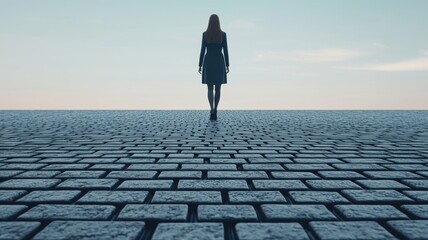 Woman in Coat Walking Away on Cobblestone Road Distant Horizon View