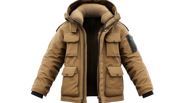 Brown hooded winter parka jacket PNG, insulated outerwear coat with pockets, warm clothing cutout on transparent background