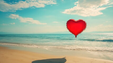Fototapeta premium Romantic photo of a heart-shaped balloon drifting over a sandy beach