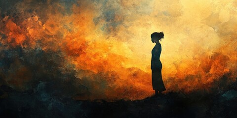 Obraz premium Woman Silhouette Against Fiery Abstract Background