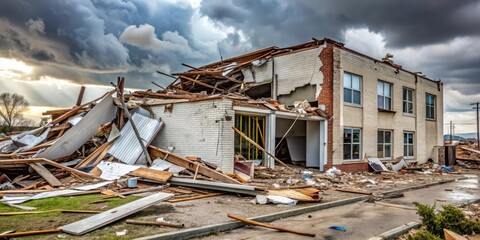 Fototapeta premium Damaged building with debris scattered on the ground , severe weather