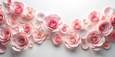 Soft pink paper roses in a swirling motion against a bright white backdrop , paper decoration