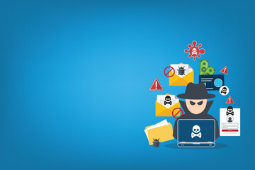 Hacker with laptop computer stealing confidential data, personal information and credit card detail. Hacking concept.