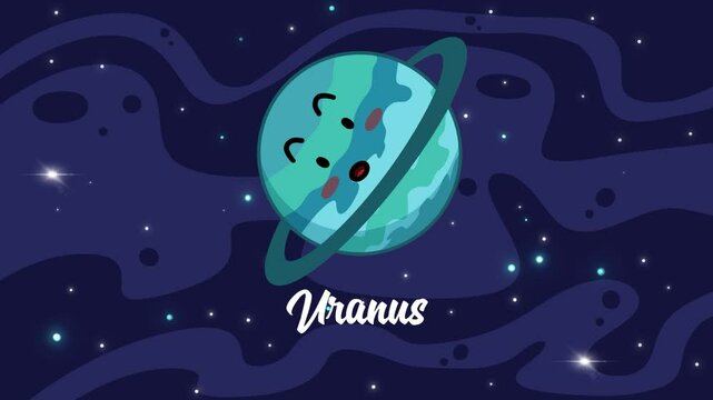 Uranus planet animation vidio for astronomy science. Uranus planet cartoon with space astrology background. 2d animated motion graphic design.