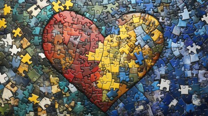 A heart-shaped puzzle with pieces scattered, symbolizing love and togetherness
