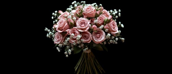 Beautiful bouquet of pink roses and small white flowers.