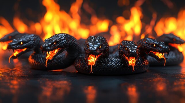 Five fire-breathing snakes coiled together in front of a fiery backdrop.