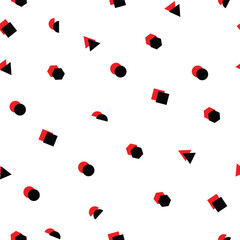 Abstract seamless pattern with black geometric shapes and their red shadows on white background