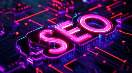 Neon SEO sign on circuit board.